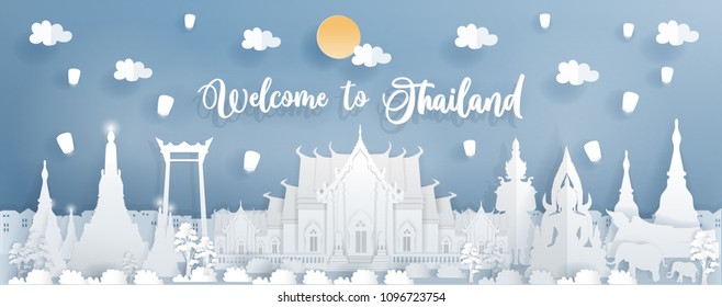 Panorama Travel Postcard Of Famous Landmark Of Thailand. Thai Temple And Statue In Paper Cut Style Vector Illustration.