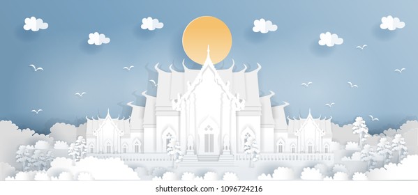 Panorama travel postcard of famous landmark of Thailand. Thai temple in paper cut style vector illustration.