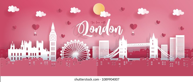 Panorama travel postcard and poster of London, England famous landmarks in paper origami style. Love and honeymoon trip concept. Vector illustration.