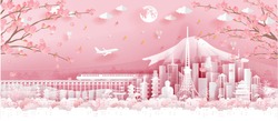 Panorama Travel Postcard, Poster, Tour Advertising Of World Famous Landmarks Of Japan, Autumn Season In Paper Cut Style. Vector Illustration.