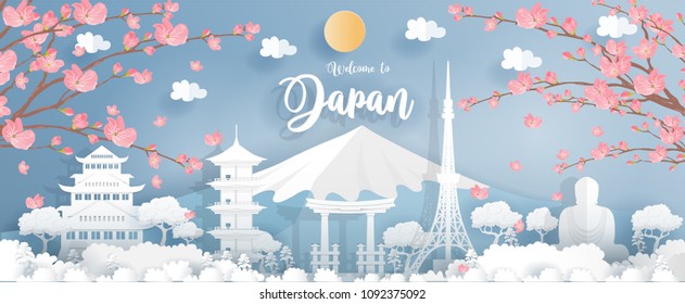 Panorama travel postcard, poster, tour advertising of world famous landmarks of Japan, autumn season in paper cut style. Vector illustration.