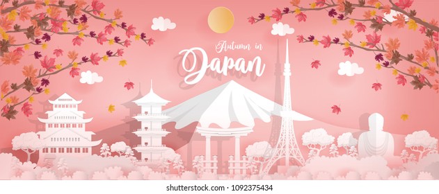 Panorama travel postcard, poster, tour advertising of world famous landmarks of Japan, autumn season in paper cut style. Vector illustration.