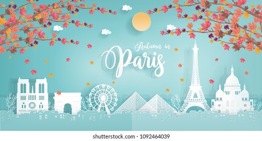 Panorama travel postcard, poster, tour advertising of world famous landmarks of Paris, France, autumn season in paper cut style. Vector illustration.