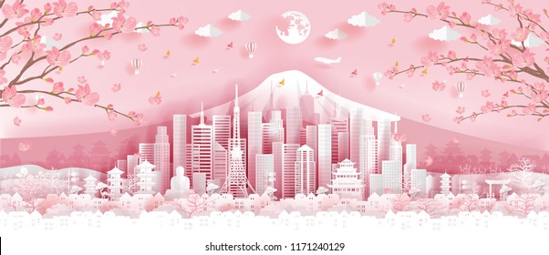 panorama travel postcard, poster, tour advertising of world famous landmarks of Japan, autumn season in paper cut style. Vector illustration.