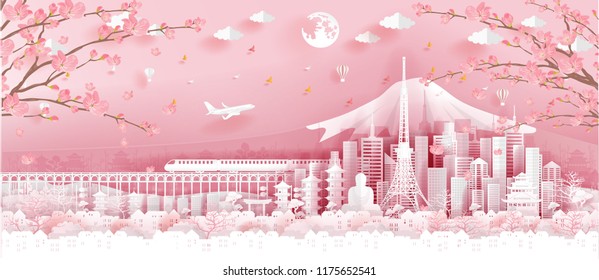 Panorama travel postcard, poster, tour advertising of world famous landmarks of Japan, autumn season in paper cut style. Vector illustration.