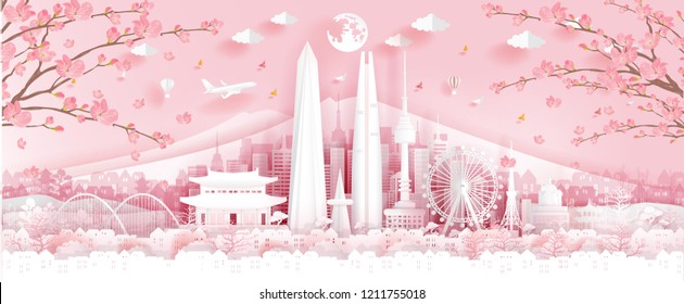 Panorama travel postcard, poster, tour advertising of world famous landmarks of Korea, autumn season with falling flowers in paper cut style. Vector illustration.