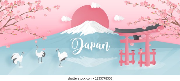 Panorama of travel postcard, poster, tour advertising of world famous landmarks of Japan with Fuji mountain and Red-crowned crane in paper cut style. Vector illustration.