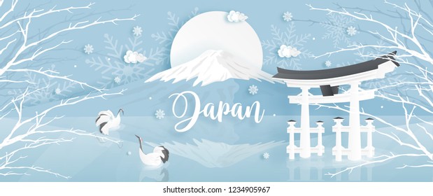 Panorama of travel postcard, poster, tour advertising of world famous landmarks of Japan with Fuji mountain ,Tori gate and Red-crowned crane in winter season in paper cut style. Vector illustration.