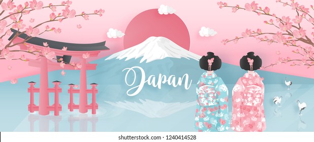 Panorama of travel postcard, poster, tour advertising of world famous landmarks of Japan with Fuji mountain and women in Kimono dress in paper cut style. Vector illustration.