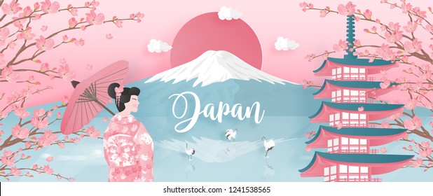 Panorama of travel postcard, poster, tour advertising of world famous landmarks of Japan with Fuji mountain and Pagoda in paper cut style. Vector illustration.