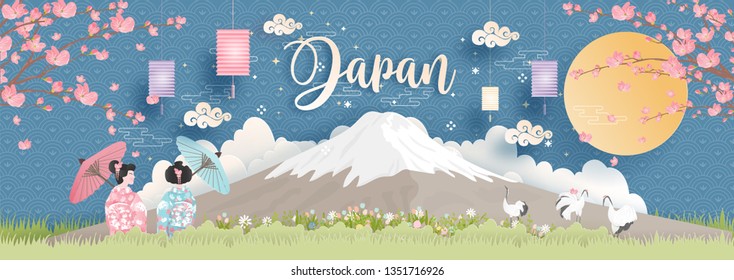 Panorama of travel postcard, poster, tour advertising of world famous landmarks of Japan with Fuji mountain and women in Kimono dress in paper cut style. Vector illustration