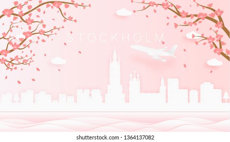 Panorama travel postcard, poster, tour advertising of world famous landmarks of Stockholm, spring season with blooming flowers in tree