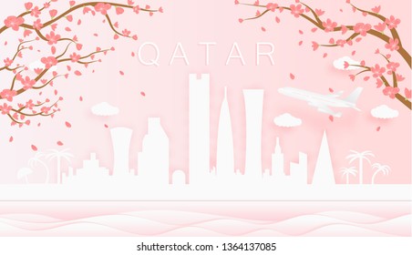 Panorama travel postcard, poster, tour advertising of world famous landmarks of Qatar, spring season with blooming flowers in tree