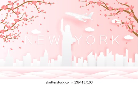 Panorama travel postcard, poster, tour advertising of world famous landmarks of New York, spring season with blooming flowers in tree