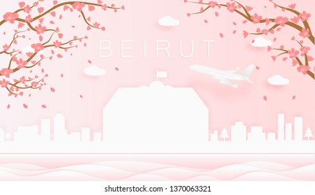 Panorama travel postcard, poster, tour advertising of world famous landmarks of Beirut, spring season with blooming flowers in tree