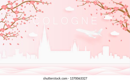 Panorama travel postcard, poster, tour advertising of world famous landmarks of Cologne, spring season with blooming flowers in tree