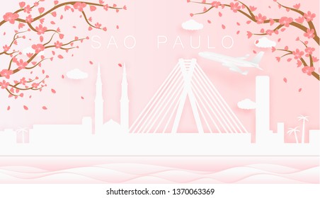 Panorama travel postcard, poster, tour advertising of world famous landmarks of Sao Paulo, spring season with blooming flowers in tree