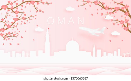 Panorama travel postcard, poster, tour advertising of world famous landmarks of Oman, spring season with blooming flowers in tree
