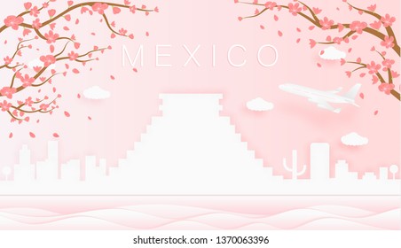 Panorama travel postcard, poster, tour advertising of world famous landmarks of Mexico, spring season with blooming flowers in tree