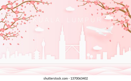 Panorama travel postcard, poster, tour advertising of world famous landmarks of Kuala Lumpur, spring season with blooming flowers in tree