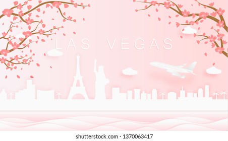 Panorama travel postcard, poster, tour advertising of world famous landmarks of Las Vegas, spring season with blooming flowers in tree