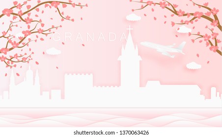 Panorama travel postcard, poster, tour advertising of world famous landmarks of Granada, spring season with blooming flowers in tree