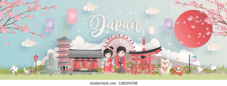 Panorama of travel postcard, poster, tour advertising of world famous landmarks of Japan with Fuji mountain and women in Kimono dress in paper cut style. Vector illustration