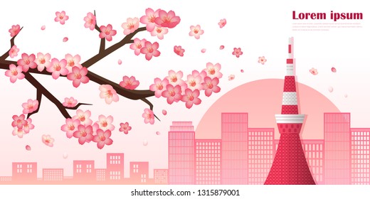 Panorama travel postcard tour advertising with sakura of Japan