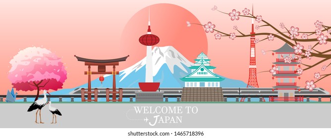 Panorama travel postcard, tour advertising of of Japan. Vector illustration.