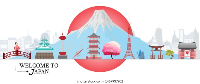 Panorama travel postcard, tour advertising of of Japan. Vector illustration.
