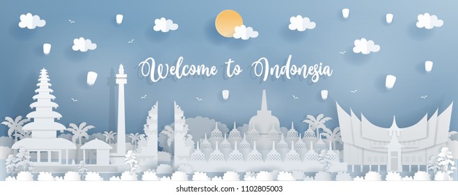 Panorama Travel Postcard Of World Famous Landmark Of Indonesia In Paper Cut Style Vector Illustration.