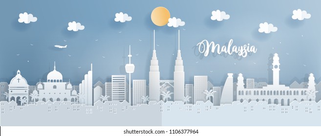 Panorama travel postcard of world famous landmarks of Malaysia in paper cut style vector illustration