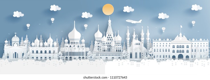 Panorama travel poster of top world famous symbol of Russia in paper cut style vector illustration. 