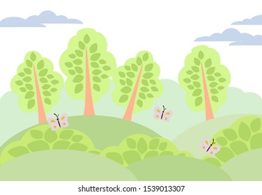 Panorama with trees and butterfly. Summer landscape. EPS10 vector illustration.