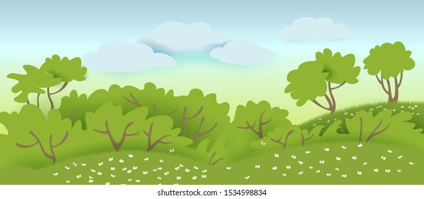 Panorama with trees and flowers. EPS10 vector illustration.