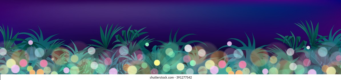 Panorama tropical jungle. Night colorful circles of light background with space for text. Vector illustration.