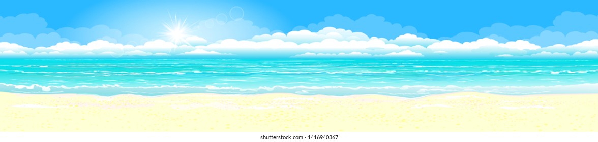 Panorama of a tropical sandy beach. Ocean coast. Landscape of the tropical coast. Sea shore landscape. Ocean, sky, sun and sand.                                