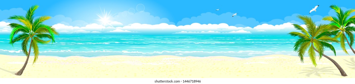 Panorama of a tropical sandy beach. Ocean coast. Landscape of the tropical coast. Sea shore landscape. Ocean, sky, sun and sand.                                