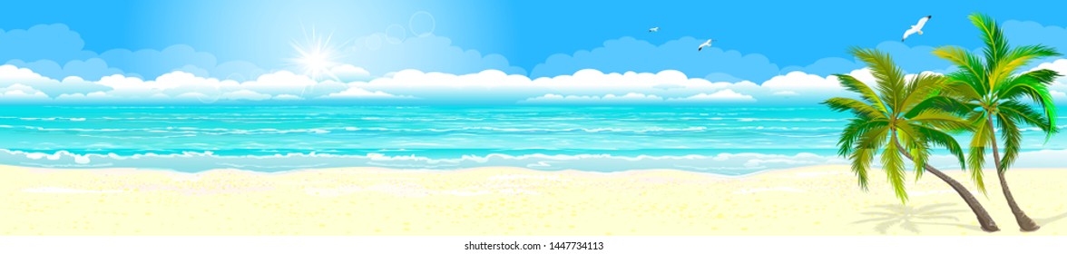 Panorama of a tropical sandy beach. Ocean coast. Landscape of the tropical coast. Sea shore landscape. Ocean, sky, sun and sand.                                