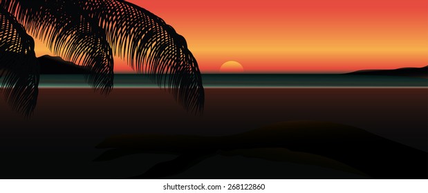 Panorama tropical sunrise at seashore with palm leaves. Vector illustration