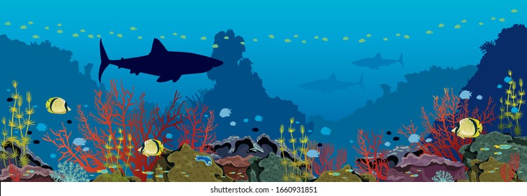 Panorama of underwater nature and marine wildlife. Silhouette of sharks, school of tropical fishes and coral reef on a blue sea background. Vector ocean illustration. 