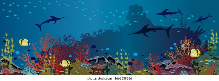 Panorama of underwater nature and marine wildlife. Silhouette of tropical fishes and coral reef on a blue sea background. Vector ocean illustration. 