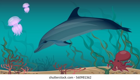 Panorama of the underwater world. Marine life dolphin jellyfish octopus coral algae. sandy bottom. vector illustration