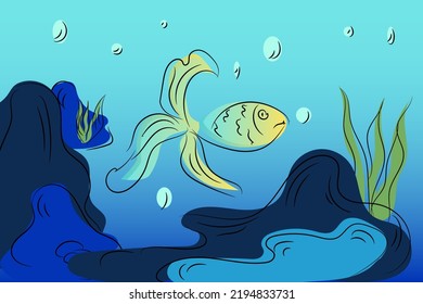Panorama of the underwater world. Sea background.  Cartoon flat vector illustration.  The seabed with underwater plants and fish. Underwater illustration. The landscape of marine flora and fauna.