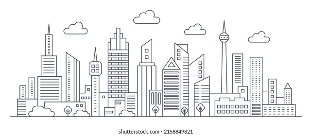 Panorama urban modern city landscape with high skyscrapers, thin line city landscape vector illustration