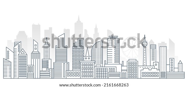 Panorama urban modern\
city landscape with high skyscrapers, thin line flate city\
landscape vector\
illustration