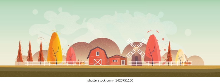 Panorama Vector illustration of Countryside landscape in autumn,  banner of farm house or countryside .The yellow foliage mountains or hill with falling leaves,barn and pumpkin with noise and grain. 