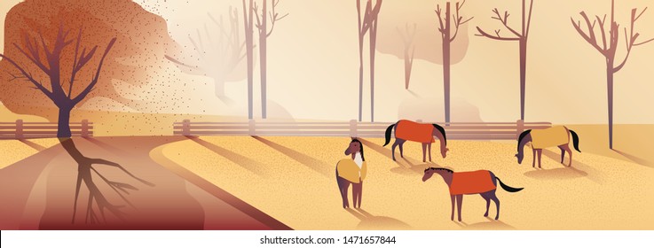 Panorama Vector illustration of Countryside landscape in autumn.Banner of horses farm in falls.yellow foliage mountain or hill with horses in the fog with light and shadow image with noise and grain. 