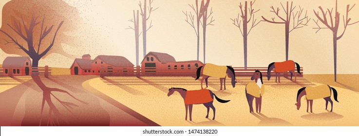 Panorama Vector illustration of Countryside landscape in autumn.Banner of horses farm in falls.yellow foliage mountain or hill with horses in the fog with light and shadow image with noise and grain. 