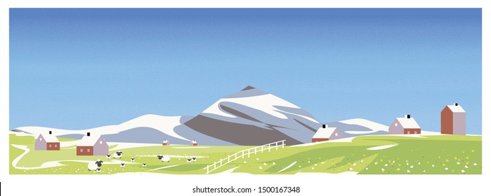 Panorama Vector illustration of Countryside landscape in Europe.Banner of sheep farm in spring.Melt snow over the  mountain,wild flower start blooming.Image with noise and grain. Beautiful landscape. 